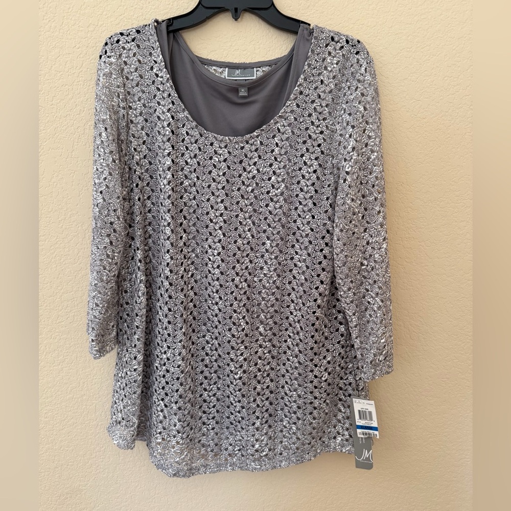 JM Collection Metallic Silver Crochet Scoop Neck Tunic